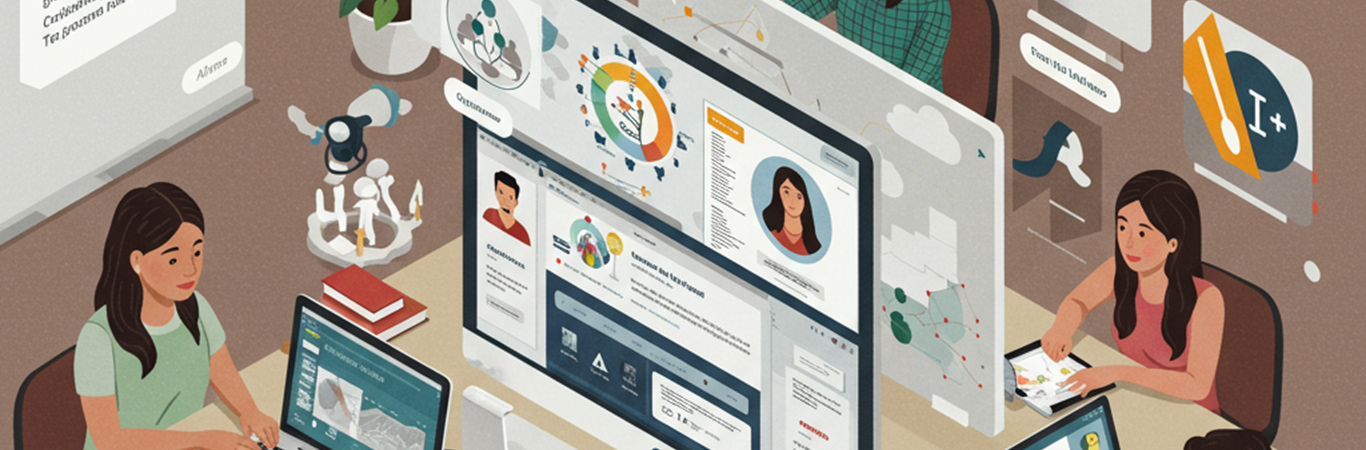 gráfico personajes consultando recursos en línea