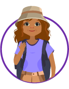Ilustración de una estudiante con mochila y sombrero.