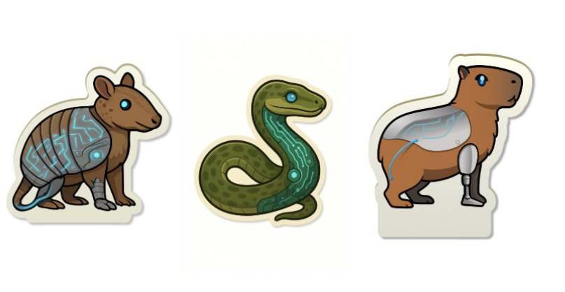 Ilustraciones educativas de animales, entre ellos un armadillo, una serpiente y un oso hormiguero.