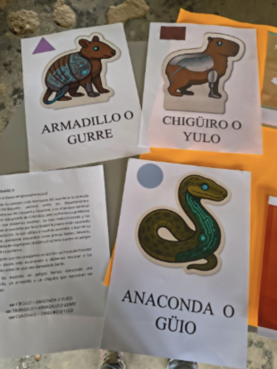 Material educativo impreso con ilustraciones y nombres de diferentes animales, como armadillo, oso hormiguero y anaconda.