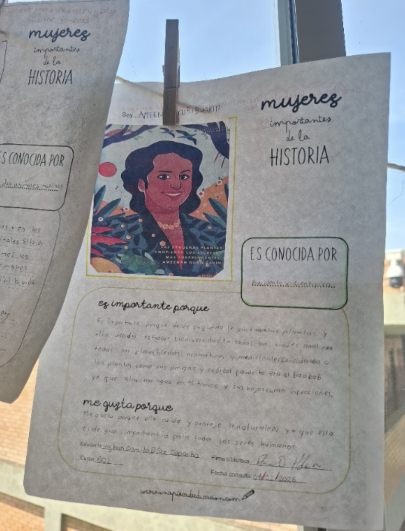 Trabajo escolar con una ilustración de una mujer y contenido escrito a mano.