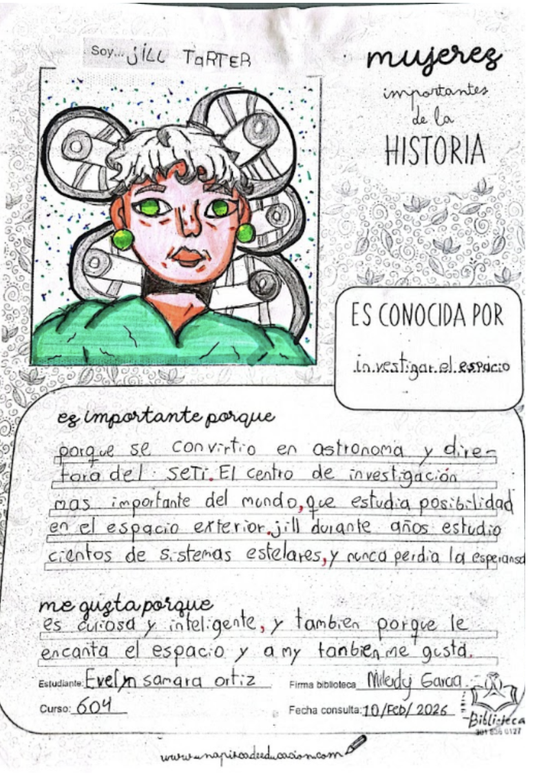 Ficha educativa elaborada a mano con ilustración de un personaje y textos escritos.