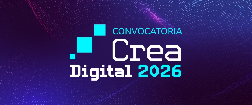 Banner con fondo degradado púrpura y azul que anuncia la convocatoria “Crea Digital 2026”. Presenta tipografía moderna en blanco y cian, con elementos cuadrados decorativos de estilo tecnológico.