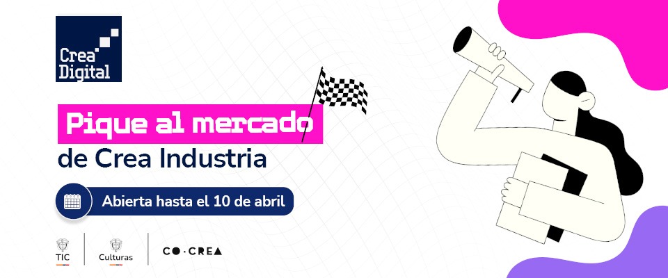 Ilustración de mujer con megáfono anuncia “Pique al mercado” de Crea Industria, convocatoria abierta para impulsar proyectos digitales Ilustración de mujer con megáfono anuncia “Pique al mercado” de Crea Industria, convocatoria abierta para impulsar proyectos digitales