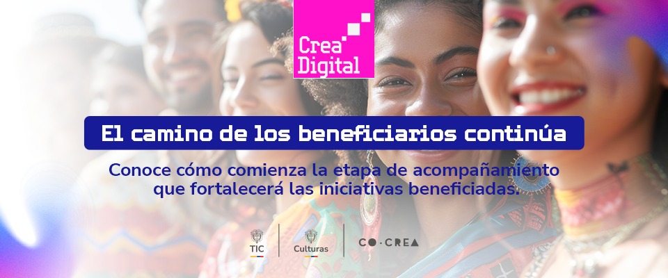 Personas sonrientes al fondo; logo Crea Digital arriba; texto centrado en azul y logos institucionales en la parte inferior.