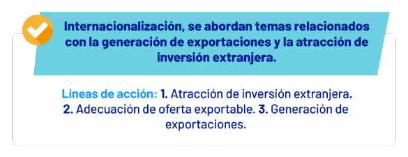 Internacionalización, se abordan temas relacionados con la generación de exportaciones y la atracción de inversión extranjera