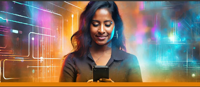 Foto de una mujer mirando el celular con un fondo futurista