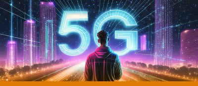 Banner 5G con ilustración futurista de un joven dando la espalda