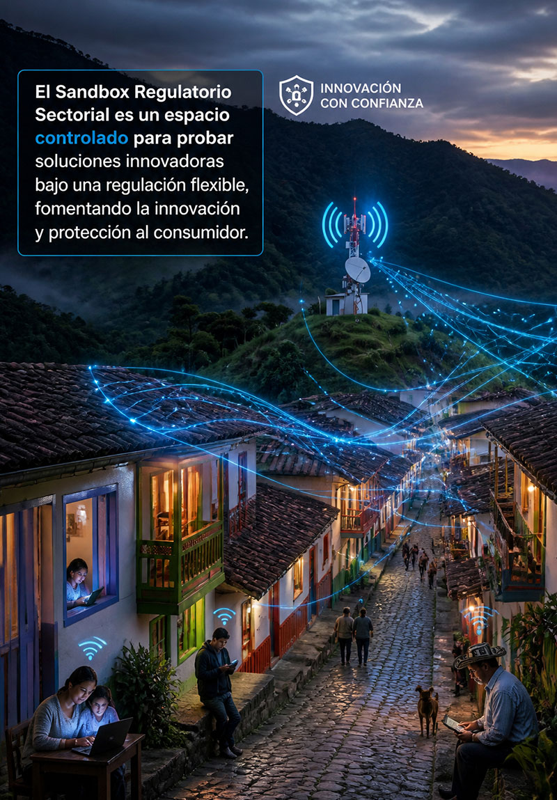 Pueblo rural conectado por red inalámbrica; habitantes usan dispositivos mientras una antena distribuye señal digital Pueblo rural conectado por red inalámbrica; habitantes usan dispositivos mientras una antena distribuye señal digital