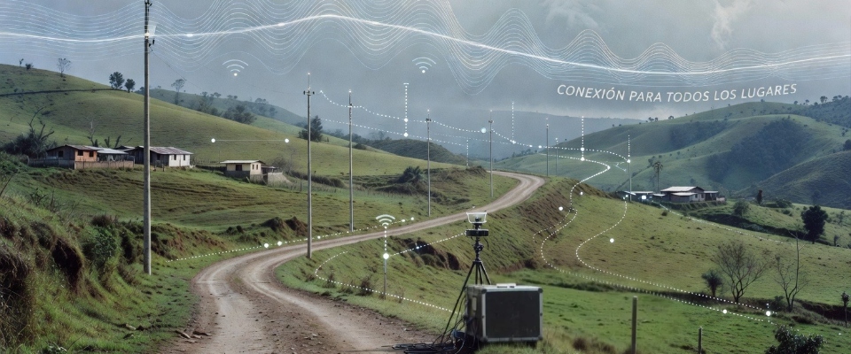 Paisaje rural con antenas y señales digitales sobre montañas, representando internet satelital en zonas apartadas