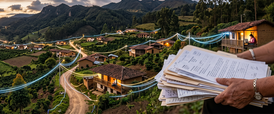 Paisaje rural con casas, caminos y montañas; líneas azules recorren el poblado. En primer plano, manos sostienen documentos.