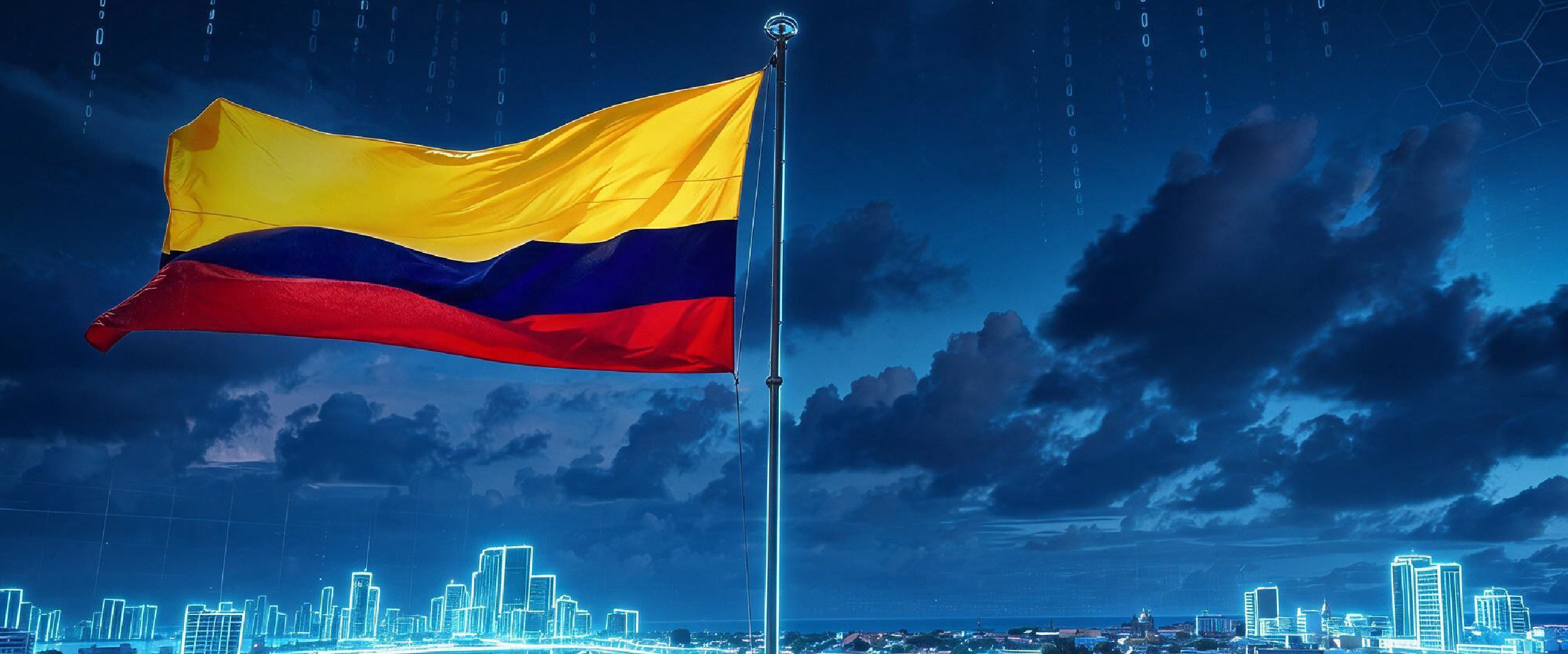 La bandera de la República de Colombia ondea en el centro del encuadre frente a un paisaje nocturno de la ciudad.