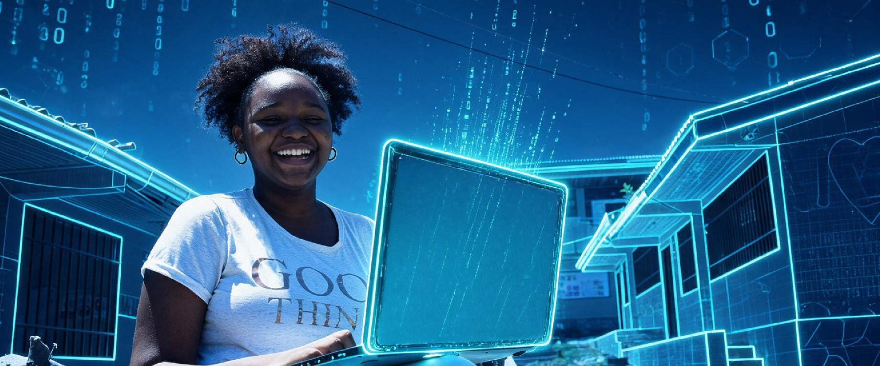 Una mujer joven sonríe con optimismo mientras trabaja en su  computador portátil en un entorno exterior. De fondo se observan viviendas de un vecindario local.