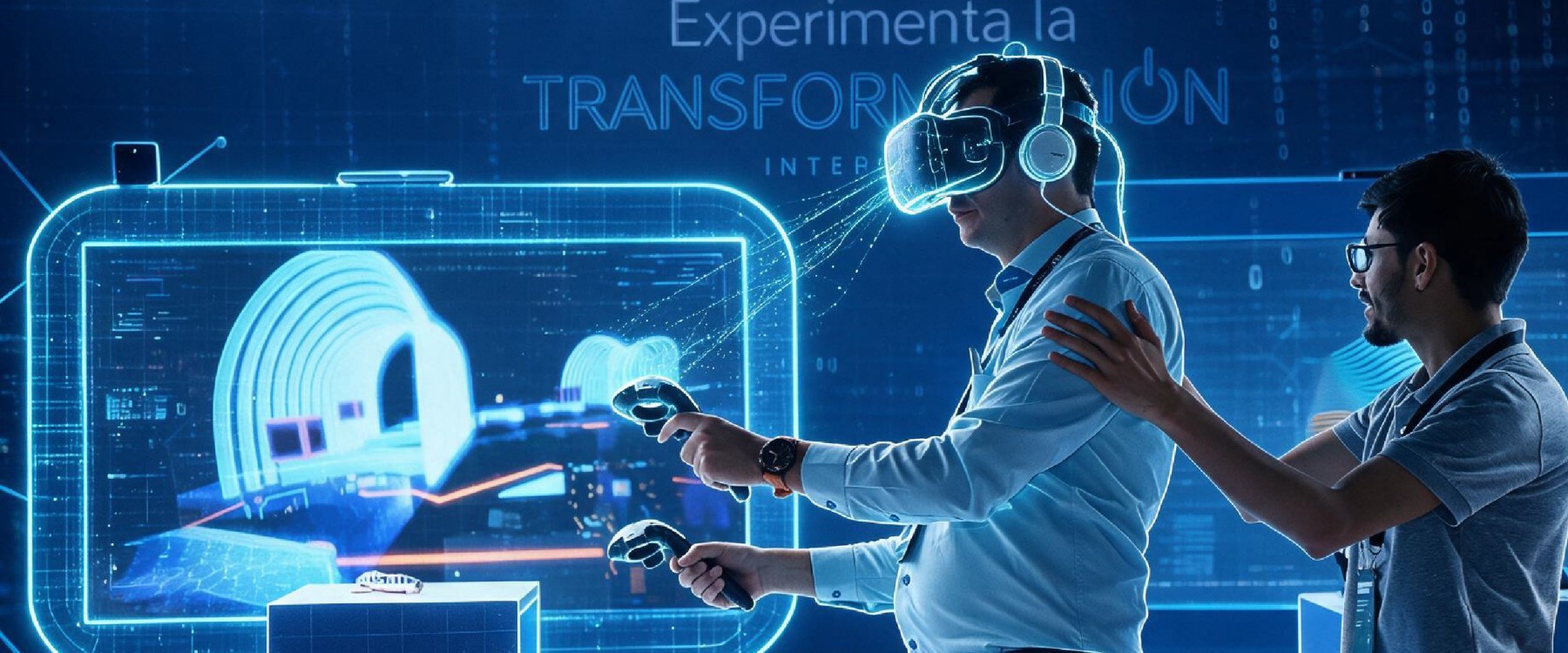 Un profesional interactúa de manera inmersiva en un laboratorio técnico portando un visor de realidad virtual y controles manuales, mientras un asesor lo asiste.