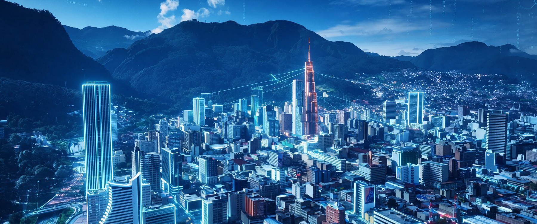 la ciudad de Bogotá con sus cerros, donde se ven sus calles y rascacielos insignias (como la Torre Colpatria).