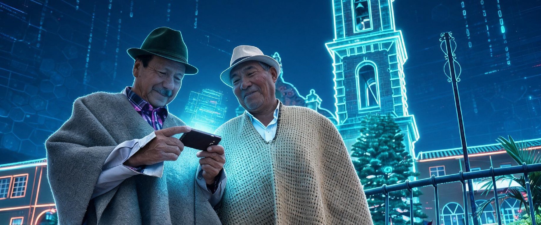 Dos hombres portando ruanas y sombreros tradicionales observan detenidamente la pantalla de un teléfono celular.