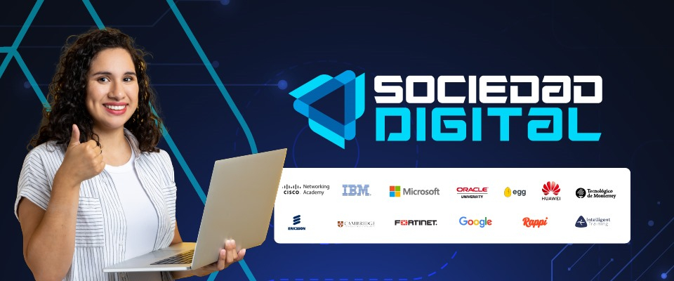 Banner con imagen de mujer y logos de los cursos, texto "Sociedad Digital"