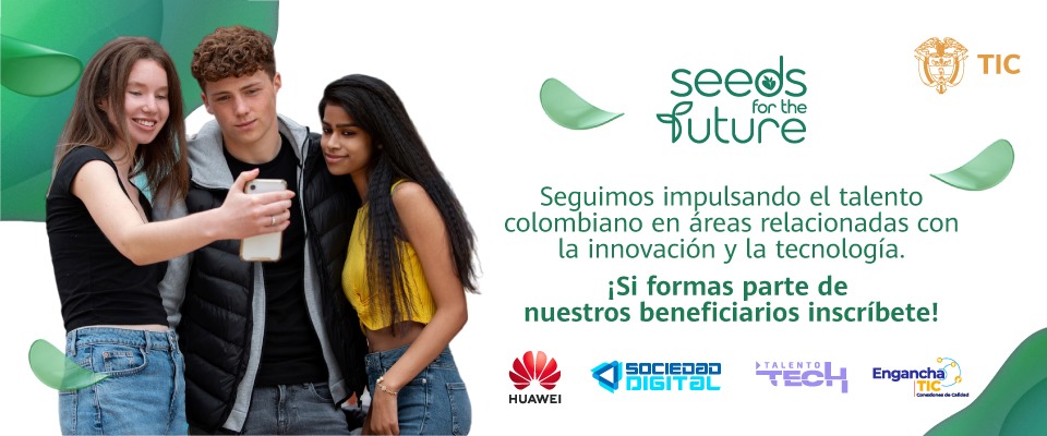 Imagen diseñada con jovenes compartiendo un móvil y al lado información de la convocatoria Seeds for the future Imagen diseñada con jovenes compartiendo un móvil y al lado información de la convocatoria Seeds for the future