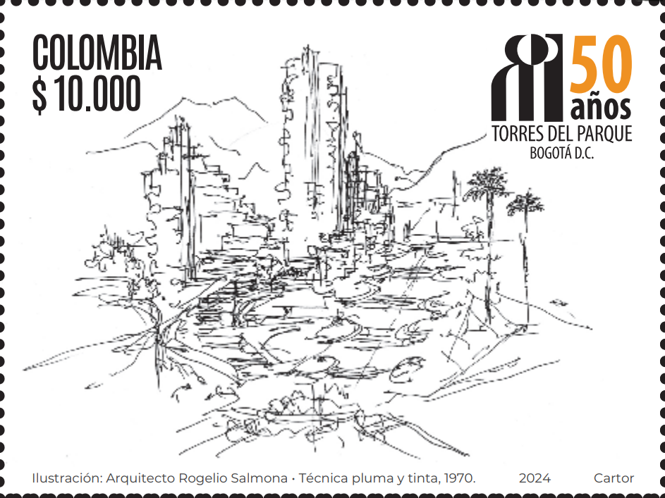 Imagen estampilla de 50 años de construcción del edificio las Torres del Parque - 01