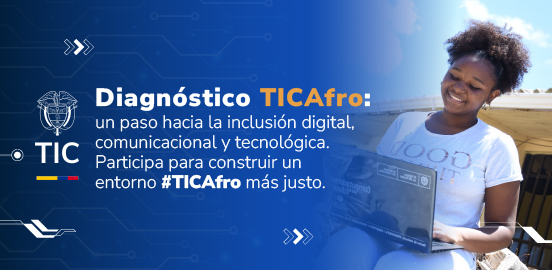 Imagen diseñada con la foto de una ciudadana afro observando un computador junto al texto ´Diagnóstico TICAfro' Imagen diseñada con la foto de una ciudadana afro observando un computador junto al texto ´Diagnóstico TICAfro'
