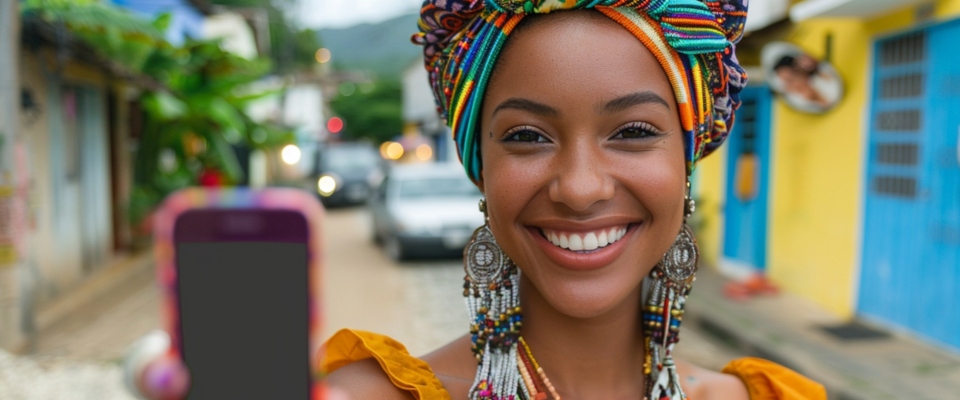 Foto de una joven afrocolombiana enseñando un celular Foto de una joven afrocolombiana enseñando un celular