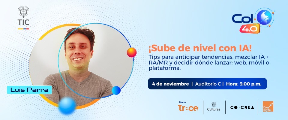 Imagen diseñada invitando a Col40 Bogotá y a la charla "sube tu nivel con IA" Imagen diseñada invitando a Col40 Bogotá y a la charla "sube tu nivel con IA"
