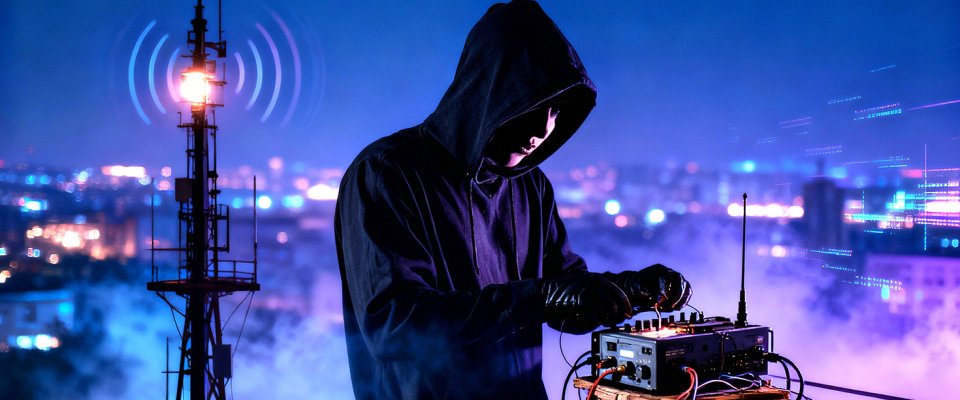 Foto de ejemplo de un individuo en acción ilegal frente a torre de comunicaciones