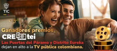 Foto de pareja mirando tV y el logo ce CRE@tei