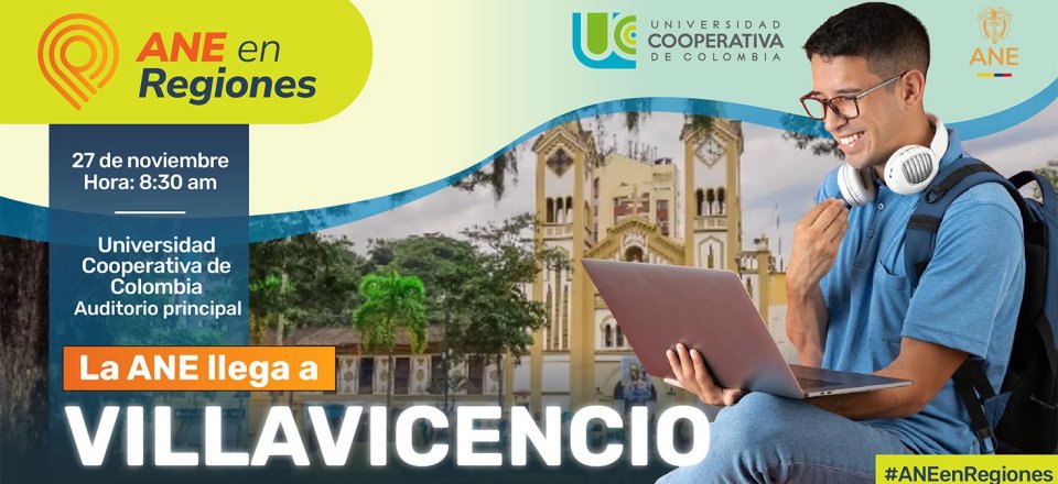 Imagen diseñada de invitación al evento ANE en la regiones, muestra un joven con su computador portatil