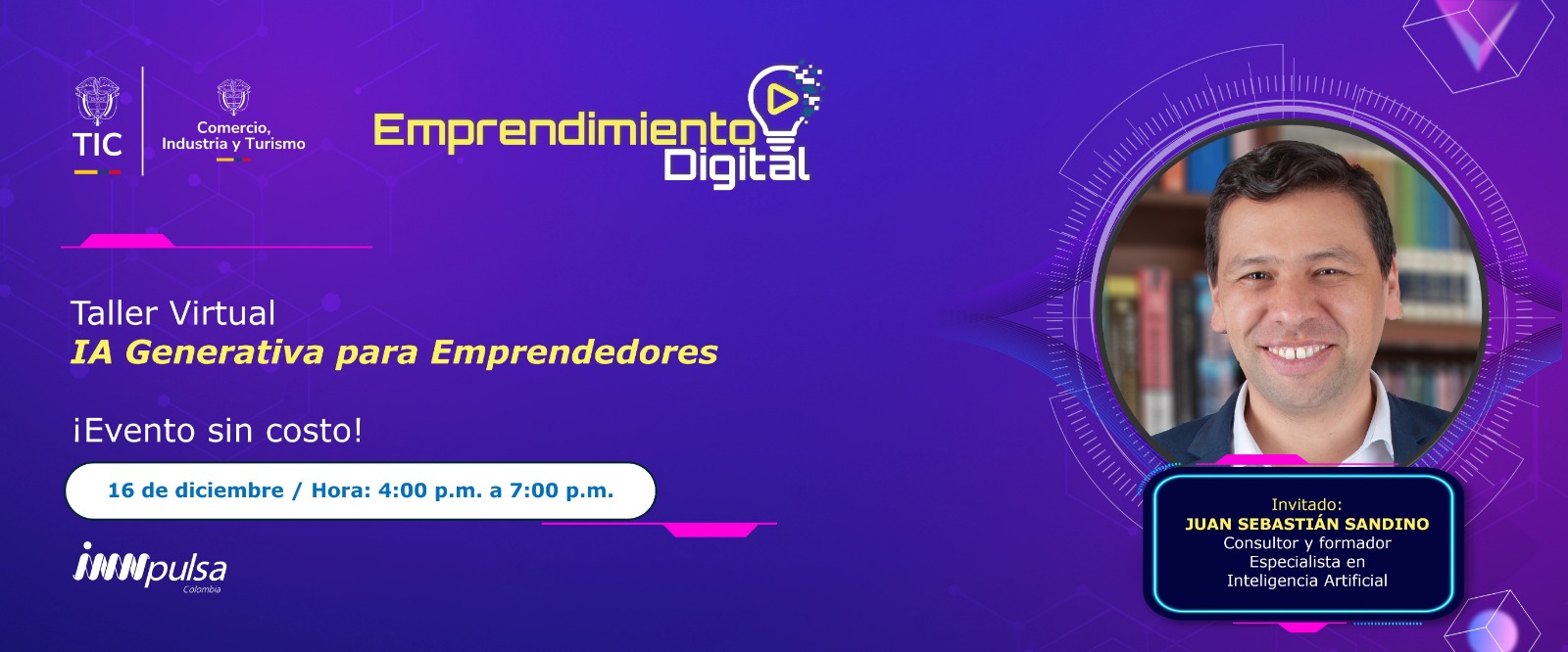 Imagen diseñada invitando al Taller Virtual con la foto del panelista