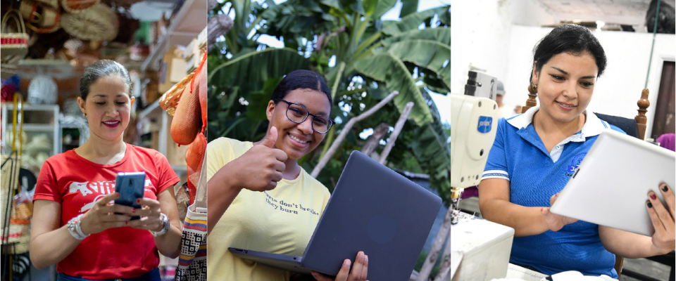 Foto de mujeres usando dispositivos electrónicos