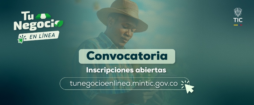 Imagen diseñada como banner promocional institucional de Tu Negocio en Línea sobre una foto difuminada de un campesino en el fondo