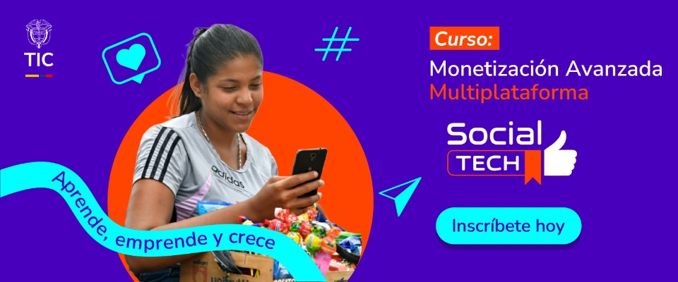 Banner del Ministerio TIC que promociona curso Social Tech sobre monetización digital, con joven usando celular e invitación a inscribirse