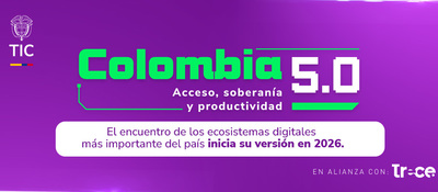 Banner púrpura de Colombia 5.0 de MinTIC: acceso, soberanía y productividad; encuentro digital 2026 en alianza con Trece.