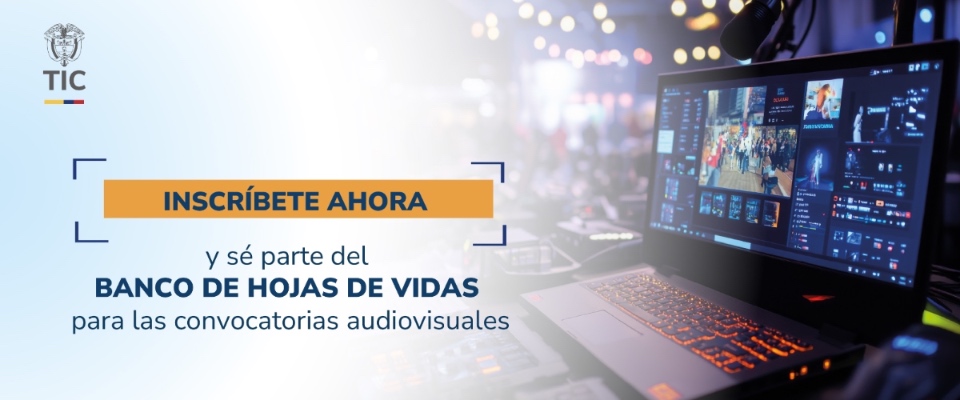Banner de MinTIC con portátil mostrando software de edición y luces de estudio al fondo. Invita a inscribirse al banco de hojas de vida para jurados audiovisuales