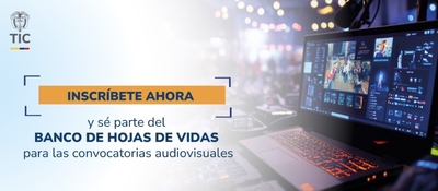 Banner de MinTIC con portátil mostrando software de edición y luces de estudio al fondo. Invita a inscribirse al banco de hojas de vida para jurados audiovisuales