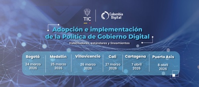 Imagen institucional con fondo tecnológico. Presenta agenda en Bogotá, Medellín y más ciudades, destacando impulso a la transformación digital territorial.