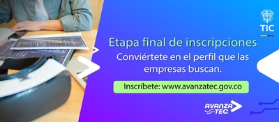 Persona revisa gráficos junto a visor VR; texto invita a inscribirse en AvanzaTEC, etapa final, para ser perfil buscado por empresas