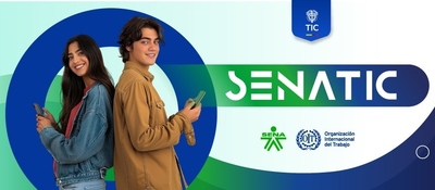 Dos jóvenes con celulares frente a fondo verde y azul con texto “SENATIC”. Destaca logro de Colombia con más de 199.000 certificaciones digitales.