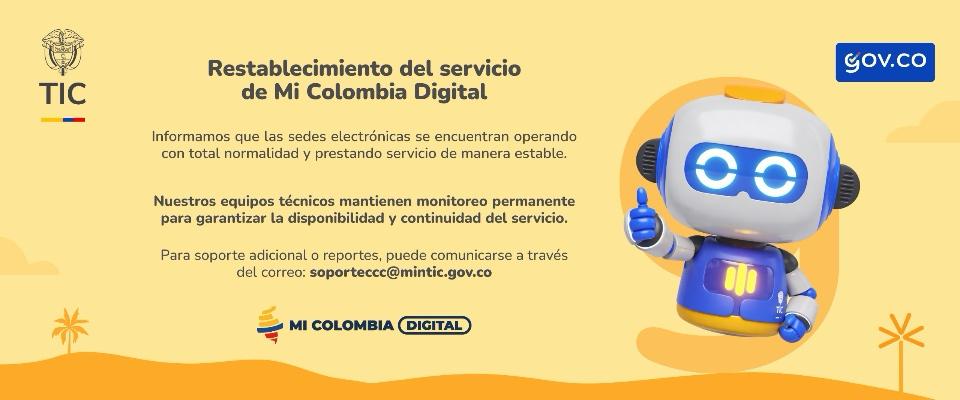 Iamgen disenanda en colores claro para notificar que se restablecieron los servicios de entidades publicas acompañada de un robot en dibujo