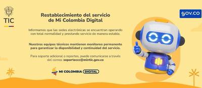 Iamgen disenanda en colores claro para notificar que se restablecieron los servicios de entidades publicas acompañada de un robot en dibujo