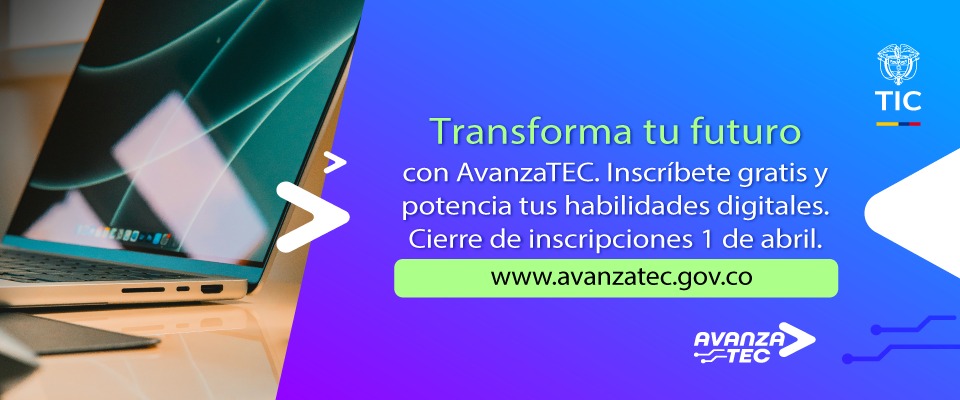 Portátil sobre escritorio con fondo moderno. Texto invita a inscribirse en AvanzaTEC y fortalecer habilidades digitales gratis