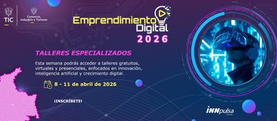Banner de Emprendimiento Digital 2026 con persona usando gafas VR, anuncia talleres gratuitos en innovación e IA del 8 al 11 de abril.