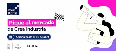 Ilustración de mujer con megáfono anuncia “Pique al mercado” de Crea Industria, convocatoria abierta para impulsar proyectos digitales