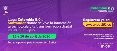 Afiche morado anuncia Colombia 5.0 en Santander, con fechas 15 y 16 de abril de 2026, evento de innovación y tecnología