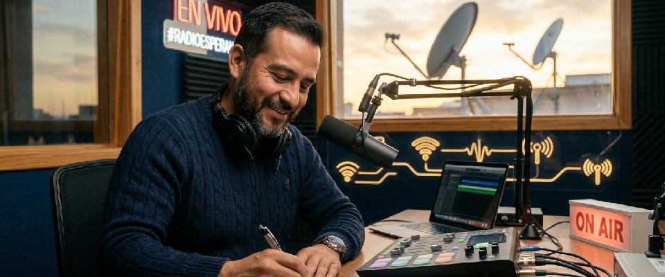 Hombre sonriente en cabina de radio escribe frente a micrófono y consola, con letrero “On Air”, simbolizando capacitación TIC virtual.