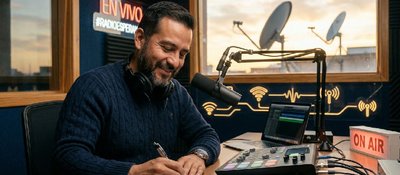 Hombre sonriente en cabina de radio escribe frente a micrófono y consola, con letrero “On Air”, simbolizando capacitación TIC virtual.