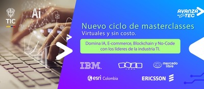 Manos escriben en portátil con gráficos de IA. Anuncian masterclasses gratis de AvanzaTEC con IBM, Mercado Libre, Ericsson, Esri y Zoho