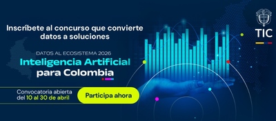 Gráficas digitales emergen de una mano. Convocatoria gratis “Datos al Ecosistema 2026: IA para Colombia”, con fechas y botón participar.