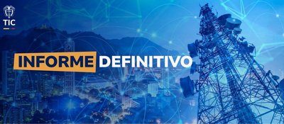 Gráfico azul con ciudad y antena de telecomunicaciones; resalta “Informe definitivo” sobre permisos de espectro a empresas.